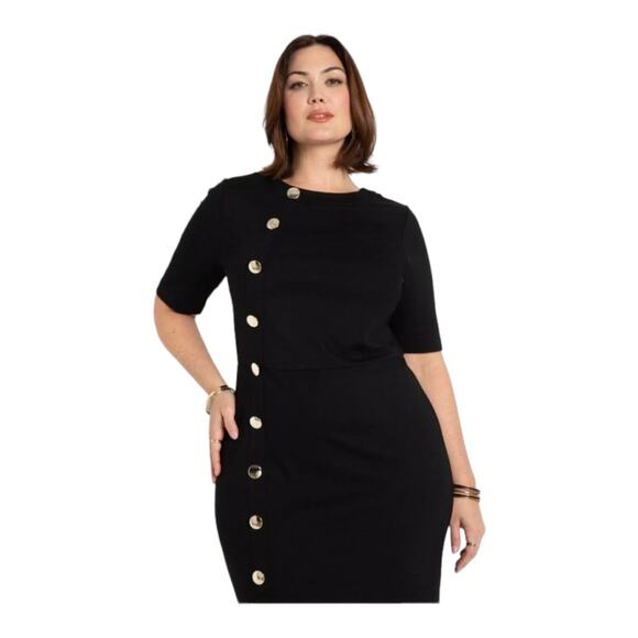 NWT Eloquii Plus Size Black Sheath Dress Gold Buttons Size 28 - Picture 2 of 10